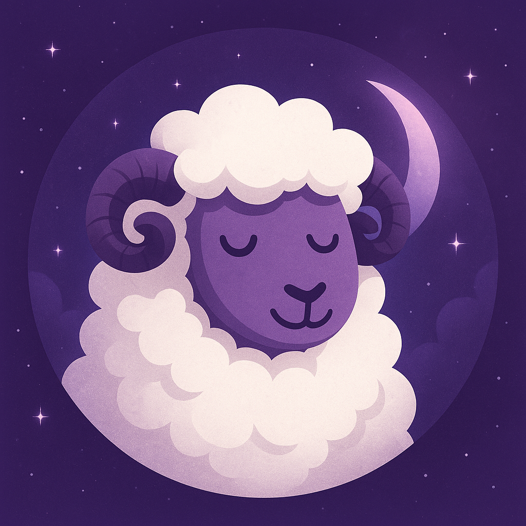 Dessin représentant un mouton assoupi. Il a le visage violet, des traits minimalistes apaisées et une laine blanche et grise. Il est dans un cercle avec une ambiance violette mystique composée d'une lune et d'étoiles.