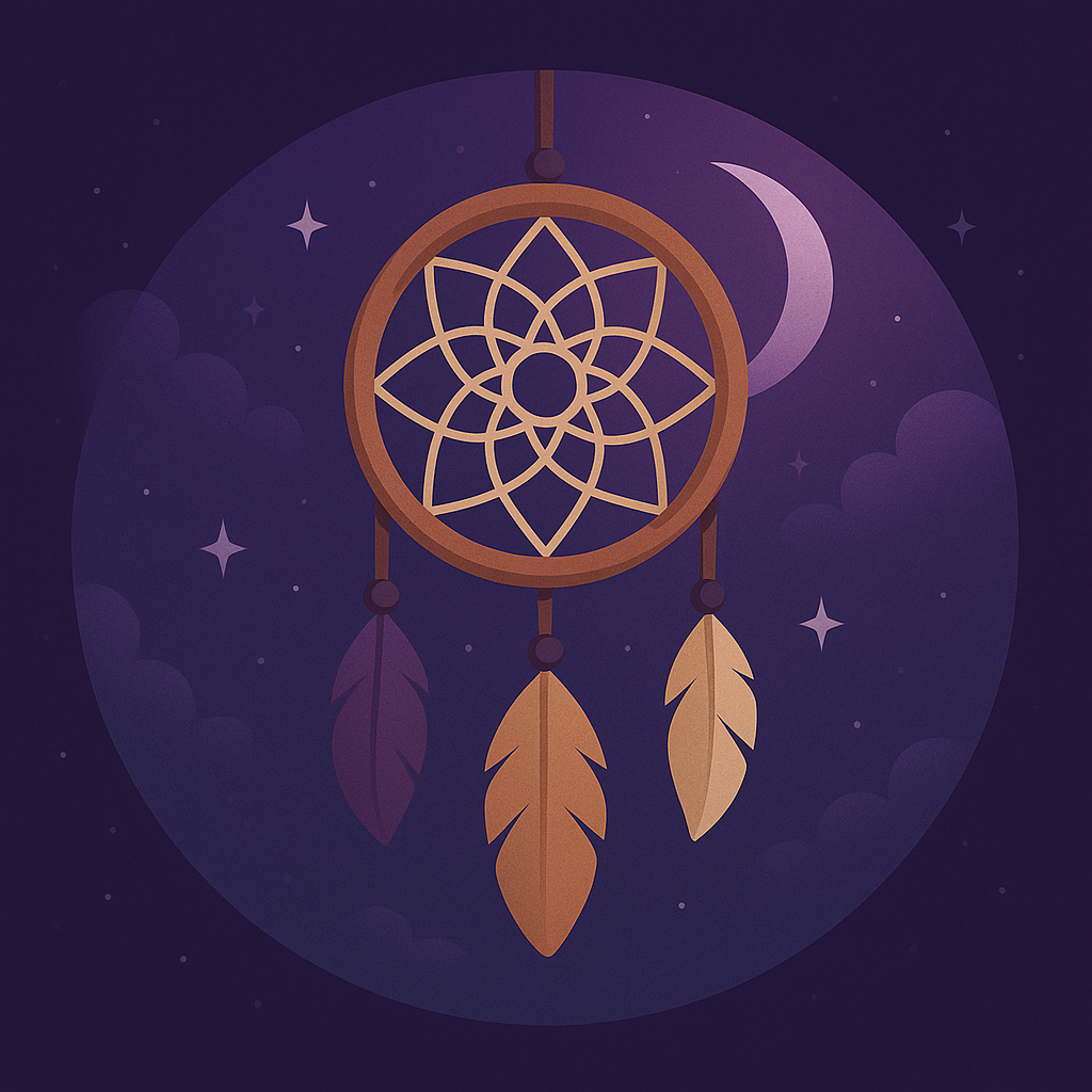 Dessin représentant un attrape-rêves aux couleurs cuivrées. Il est dans un cercle avec une ambiance violette mystique composée d'une lune et d'étoiles.