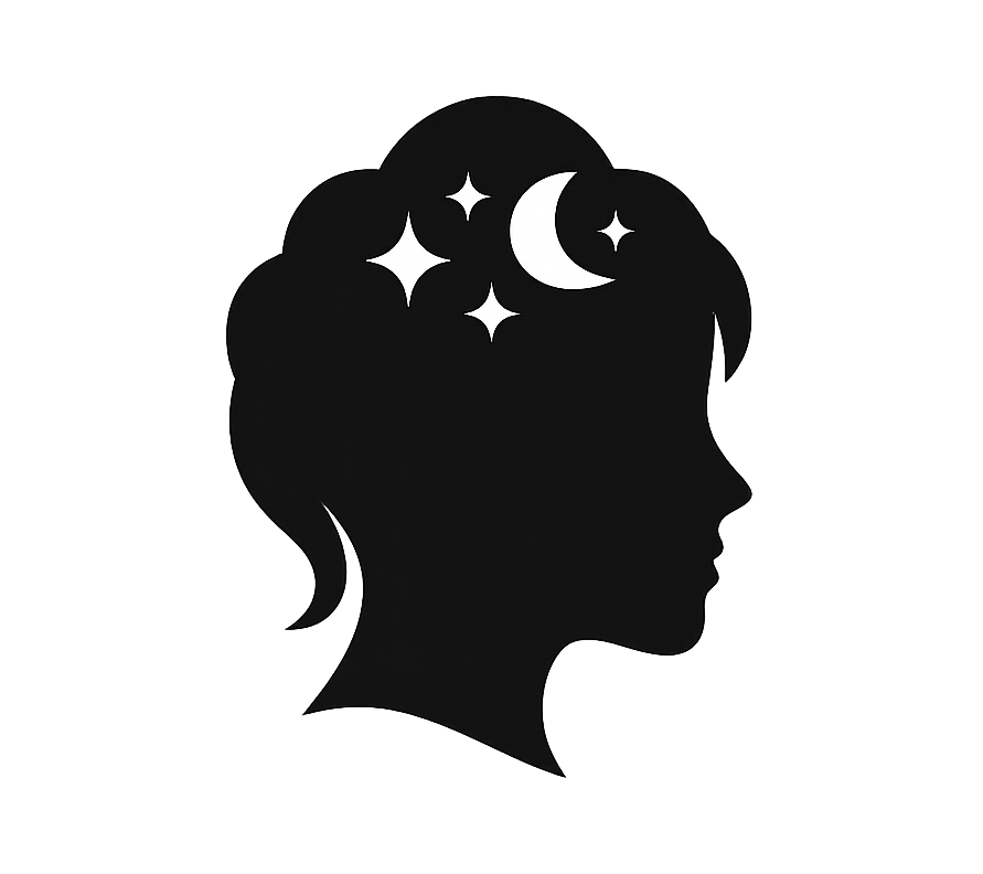 Logo du site dictionnaire onirique représentant un visage féminin noir sans fond avec étoiles et une lune au niveau de la tête.
