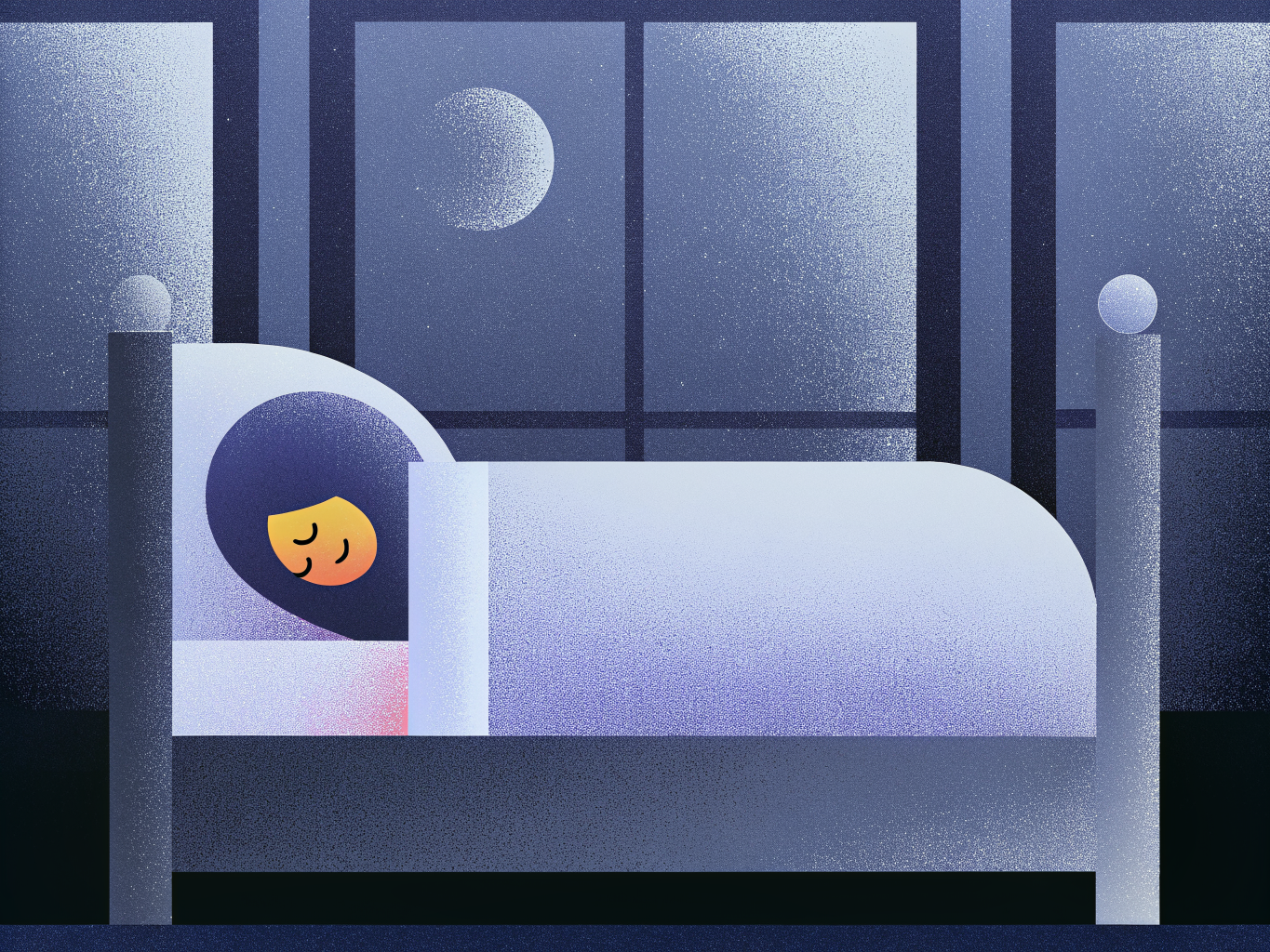 Bien dormir : ce qui aide vraiment vos nuits Dictionnaire des rêves Personne endormie de profil dans un lit, sous une fenêtre nocturne où brille la lune.
