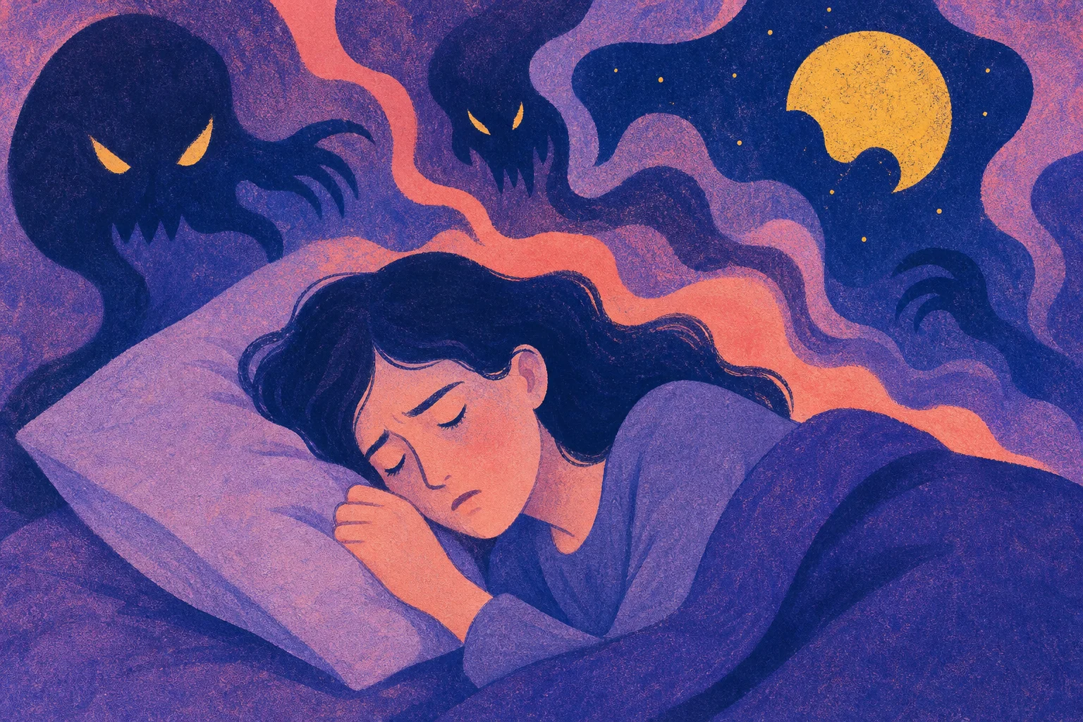 Cauchemars et nuits agitées : comprendre ce qui se passe et que faire Dictionnaire des rêves Jeune femme endormie et agitée dans son lit, entourée de silhouettes sombres aux yeux jaunes et d'une lune dorée.