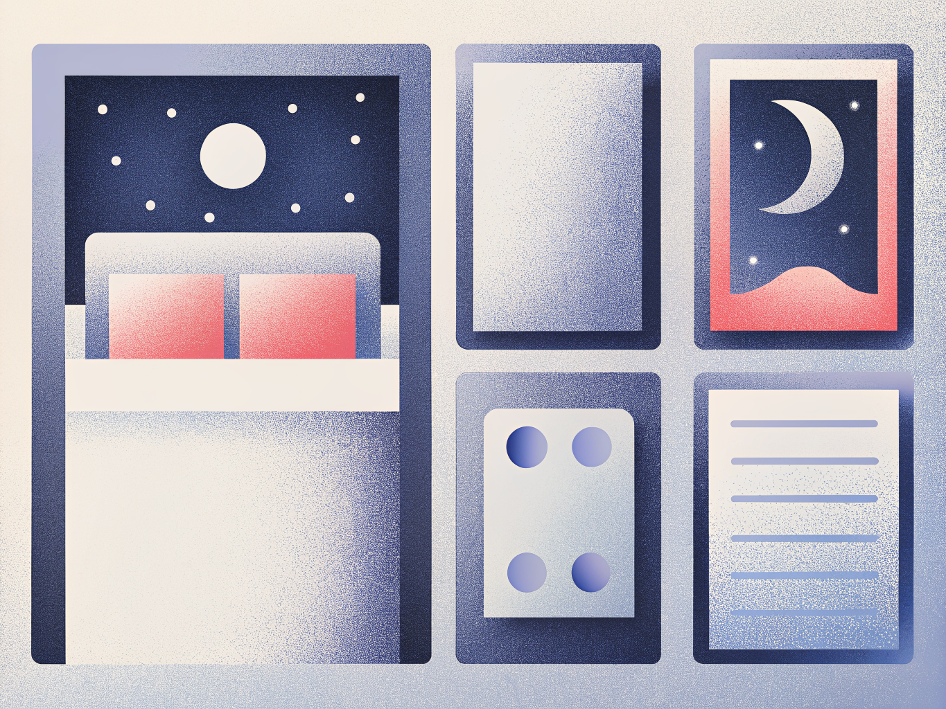 Lit de nuit sous la lune et les étoiles, accents corail, cadres violets en grain.