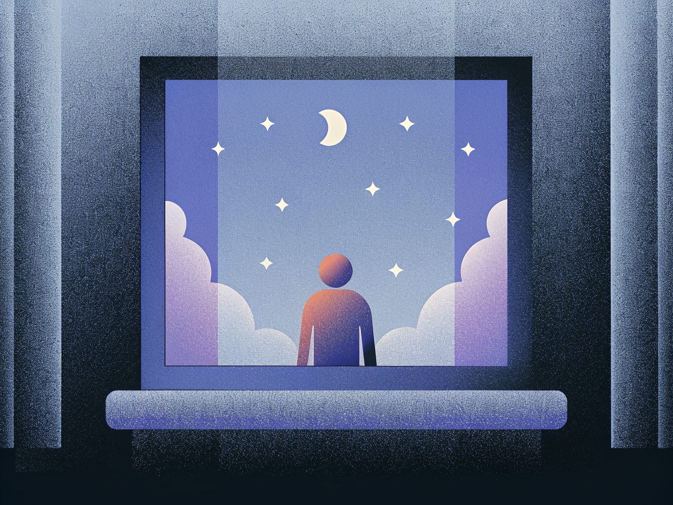 Rêve lucide : c’est quoi, comment en faire un et est-ce dangereux ? Dictionnaire des rêves Silhouette solitaire contemplant un ciel étoilé et une lune croissante depuis une fenêtre de nuit