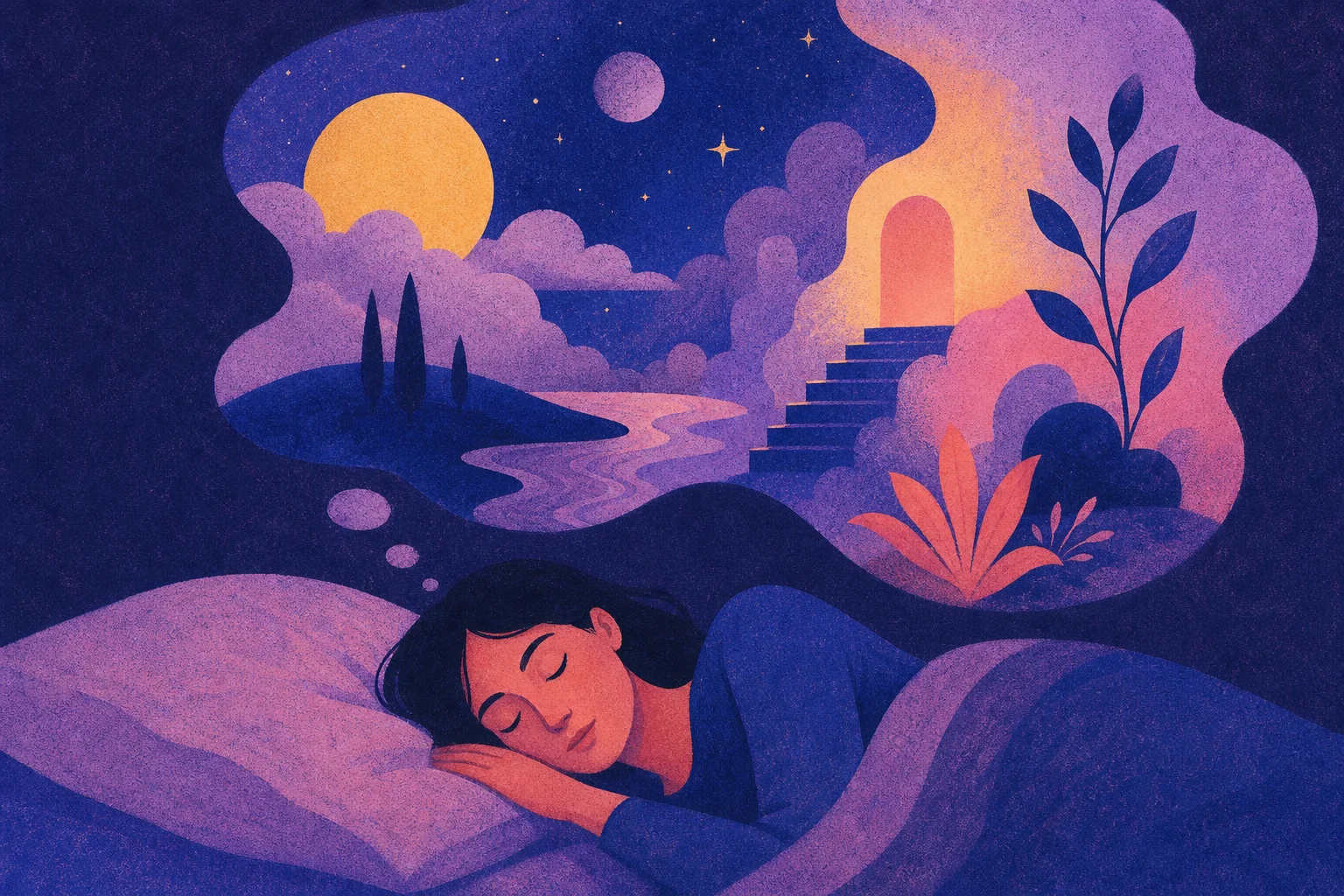 Jeune femme endormie dans son lit, rêvant d'un paysage nocturne lunaire et d'un escalier menant à une porte lumineuse.