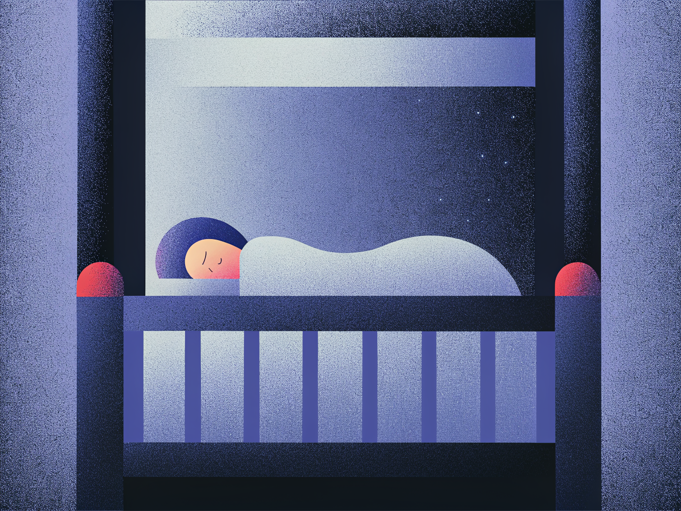 Enfant endormi dans un berceau violet, sous un ciel étoilé, près de la fenêtre.