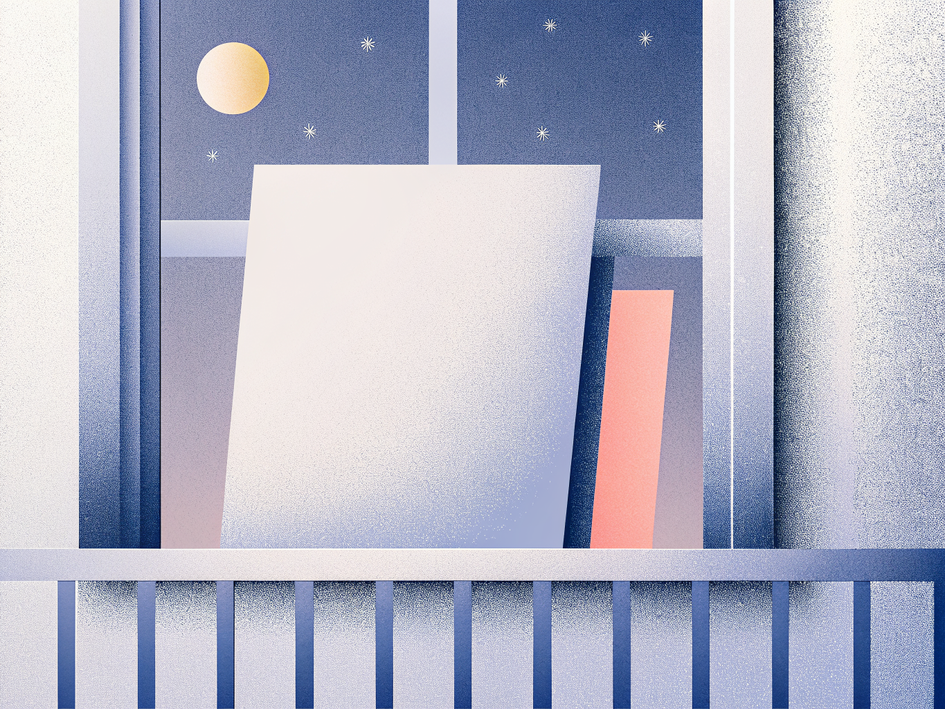 Fenêtre nocturne étoilée avec une lune dorée, un grand rideau pâle et un rectangle corail, ambiance calme.