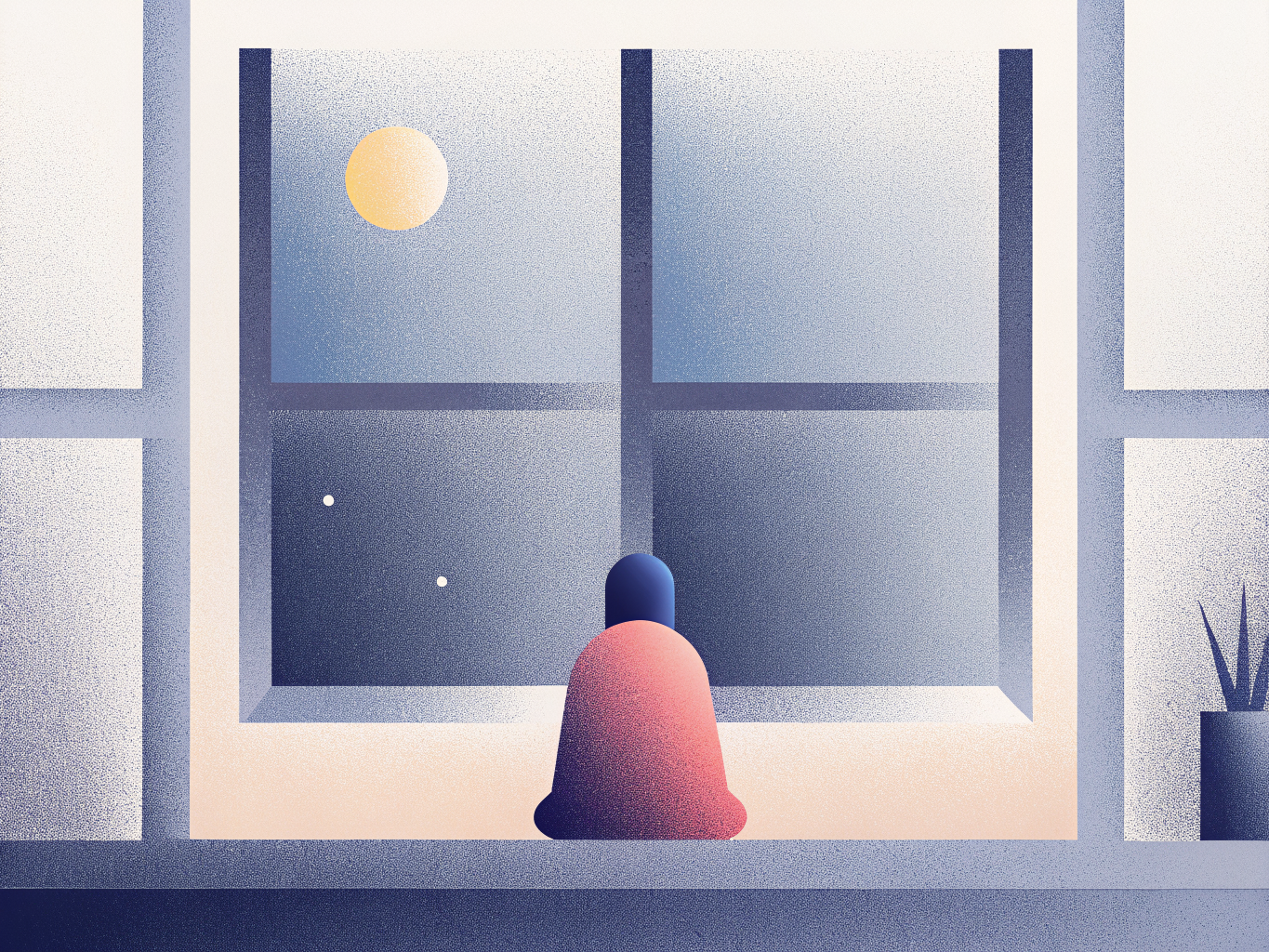 Silhouette rose corail assise devant une fenêtre nocturne, lune dorée et étoiles dans un ciel bleu nuit, plante à droite.