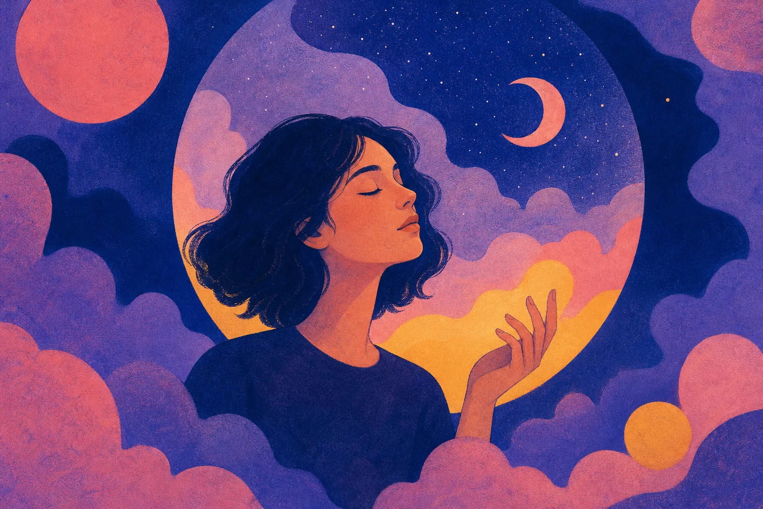 Rêve lucide : le guide pour comprendre et débuter Dictionnaire des rêves Jeune femme les yeux fermés, main tendue vers une lune et un ciel étoilé violet.
