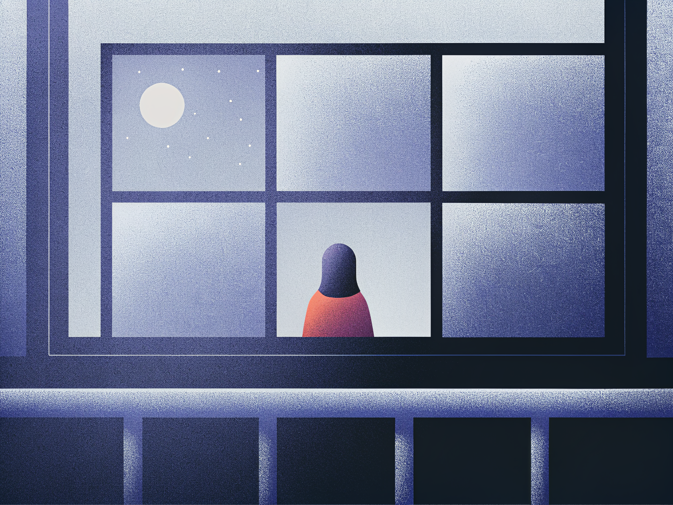 Rêve prémonitoire : peut-on vraiment voir l’avenir en dormant ? Dictionnaire des rêves Silhouette rose et violette regardant la lune et les étoiles par une fenêtre, nuit bleue.