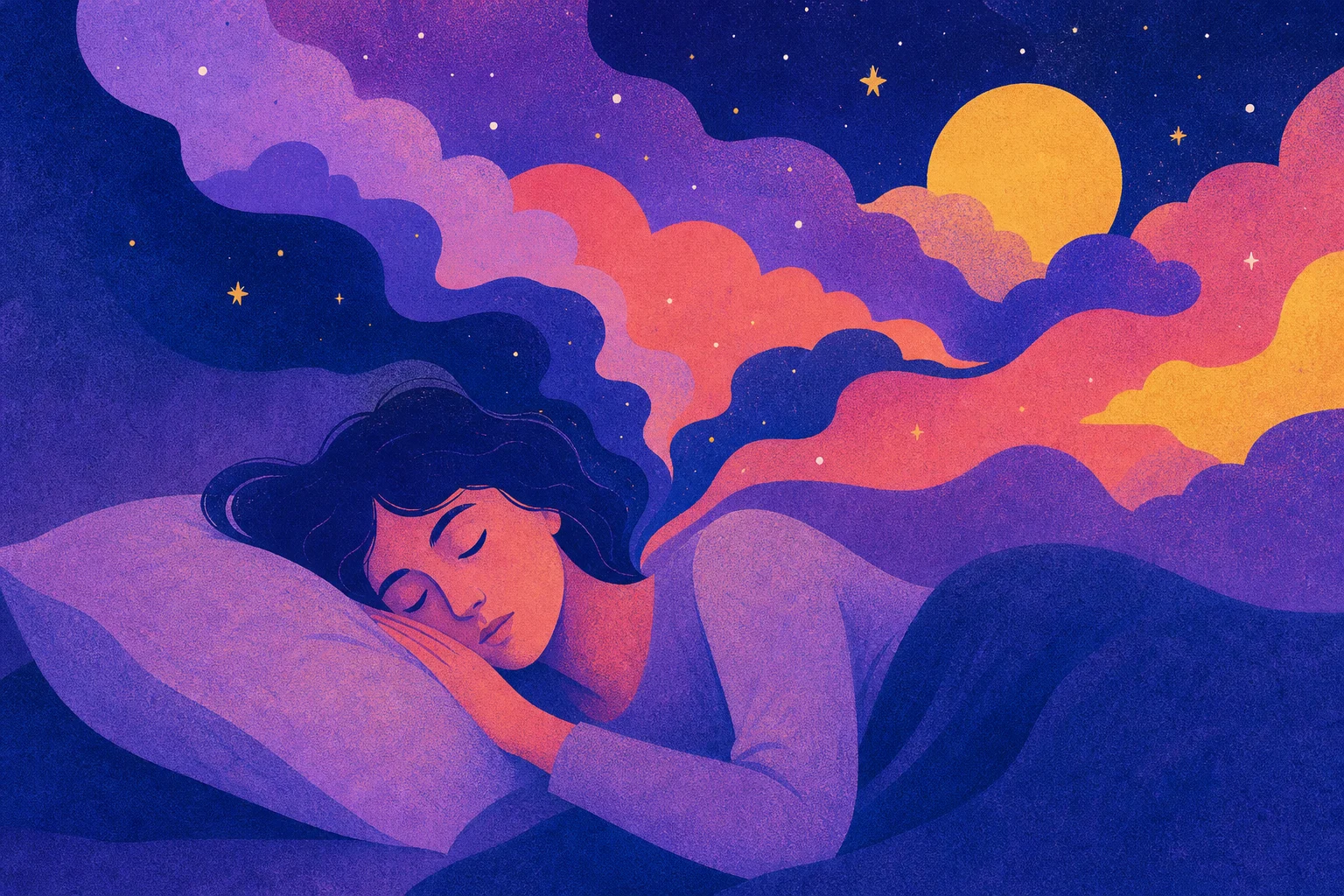 Jeune femme endormie sur un oreiller violet, entourée de nuages colorés en volutes roses et dorés sous une pleine lune.
