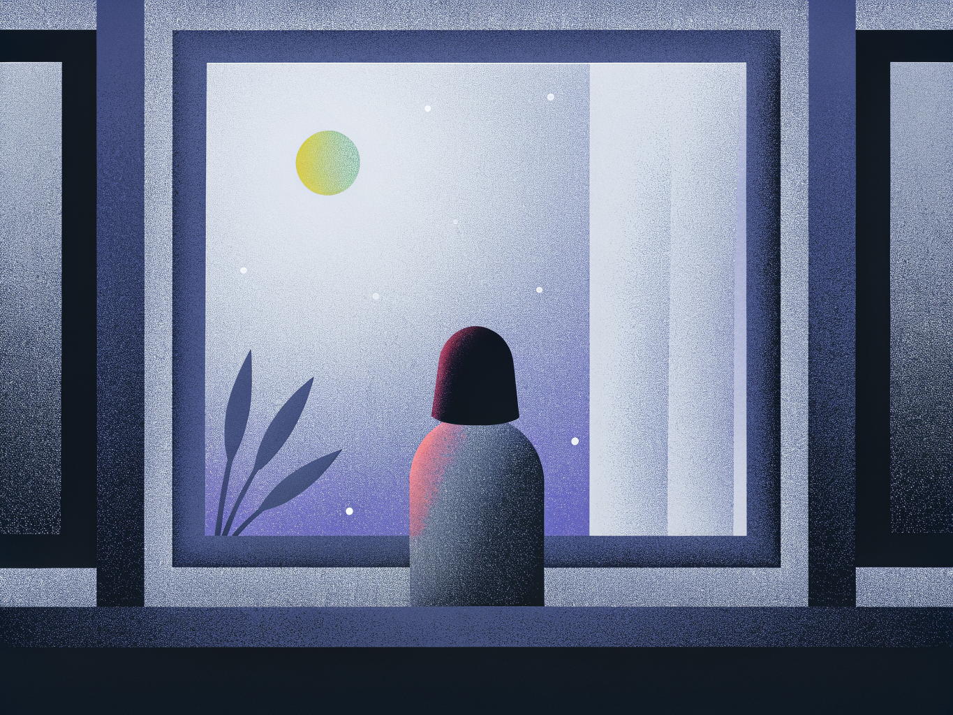 Silhouette encapuchonnée près d'une fenêtre nocturne, lune jaune, plante sombre, étoiles, ambiance violette et poétique.