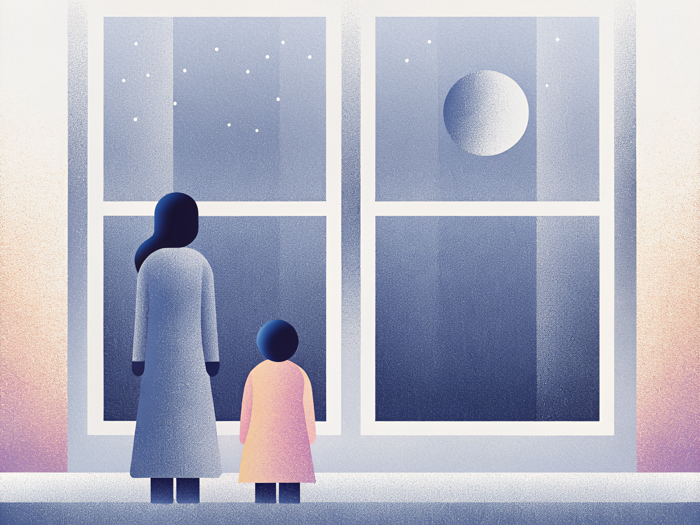 Mère et enfant regardant par la fenêtre une nuit étoilée, avec la lune.